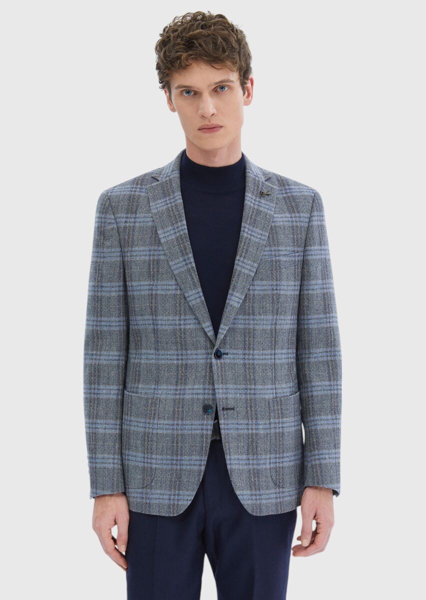 Navy Blue Checkered Zeroweight Slim Fit Wool Blended Jacket - 3