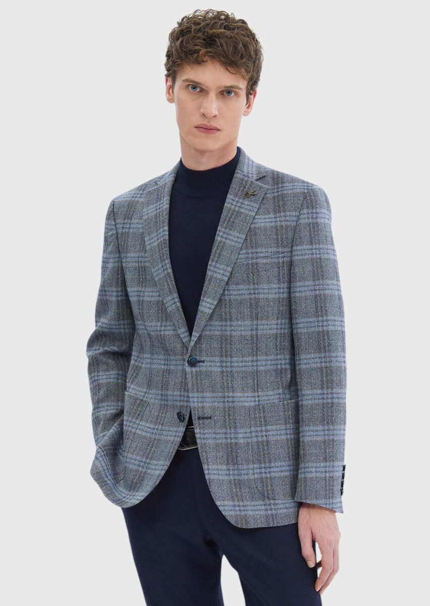 Navy Blue Checkered Zeroweight Slim Fit Wool Blended Jacket - 1