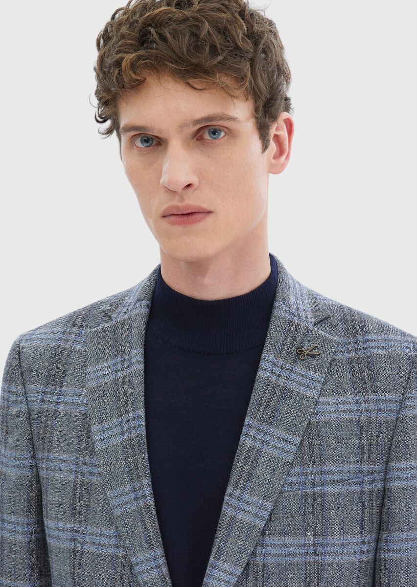 Navy Blue Checkered Zeroweight Slim Fit Wool Blended Jacket - 4