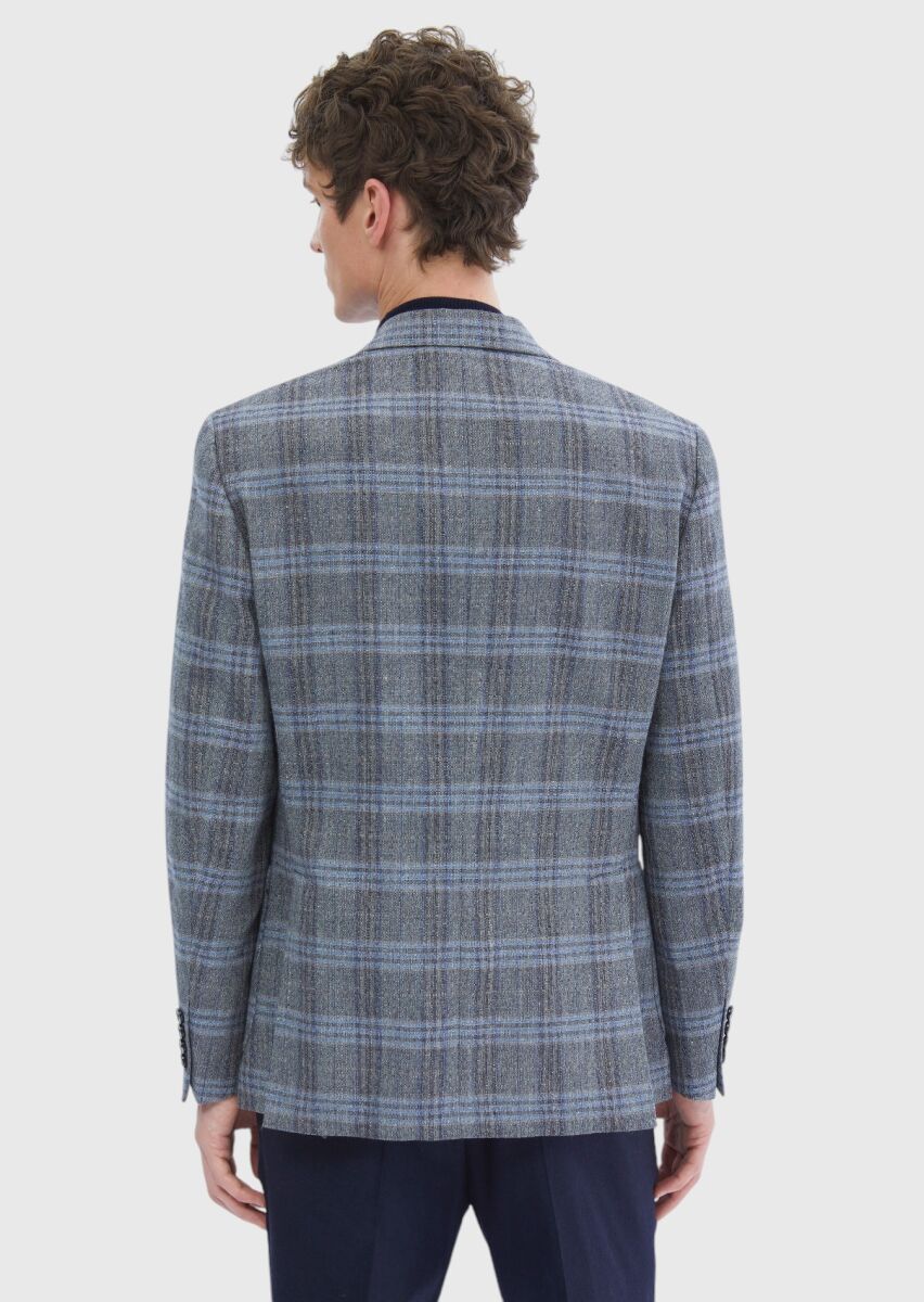 Navy Blue Checkered Zeroweight Slim Fit Wool Blended Jacket - 6