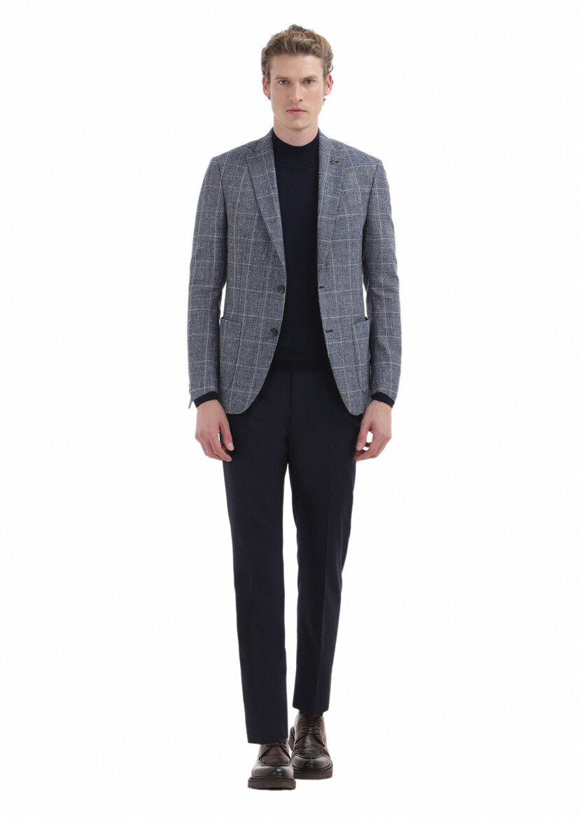 Navy Blue Checkered Zeroweight Slim Fit Wool Blended Jacket - 1