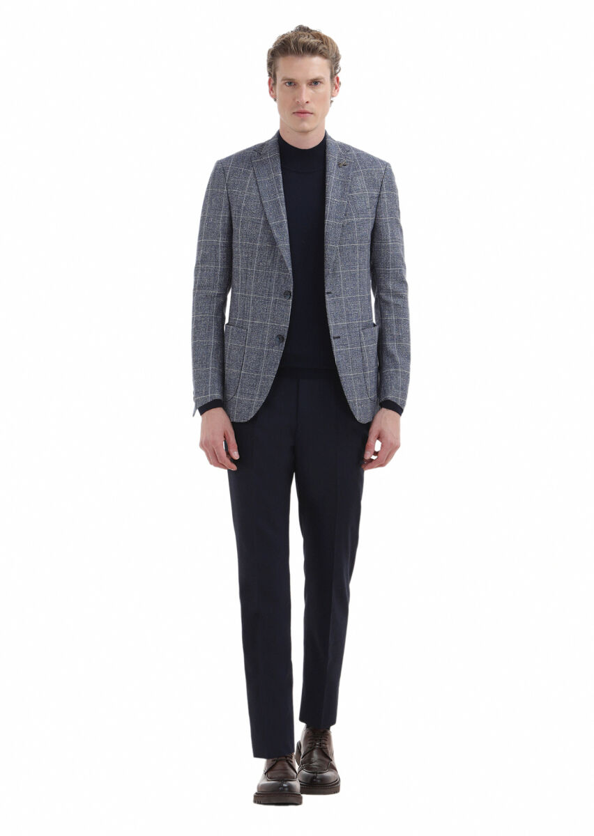 Navy Blue Checkered Zeroweight Slim Fit Wool Blended Jacket - 1