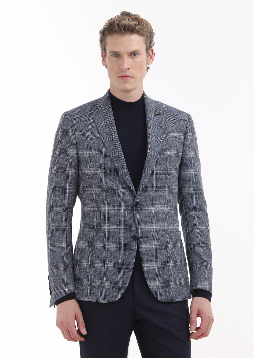 Navy Blue Checkered Zeroweight Slim Fit Wool Blended Jacket - 2