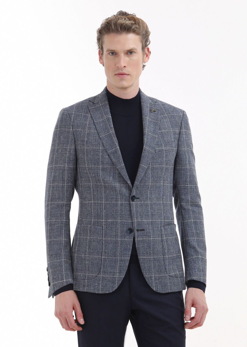 Navy Blue Checkered Zeroweight Slim Fit Wool Blended Jacket - 2