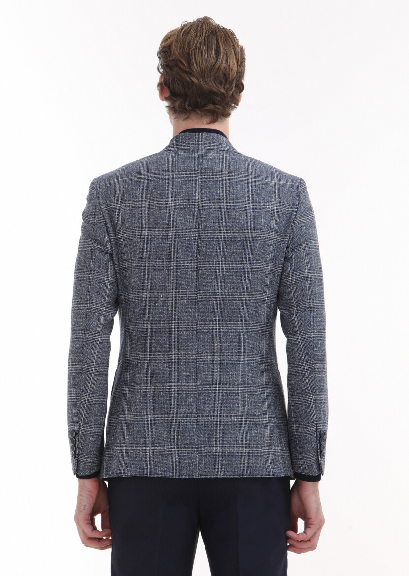 Navy Blue Checkered Zeroweight Slim Fit Wool Blended Jacket - 4