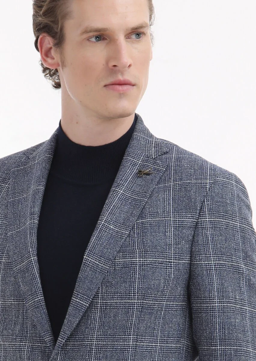 Navy Blue Checkered Zeroweight Slim Fit Wool Blended Jacket - 3