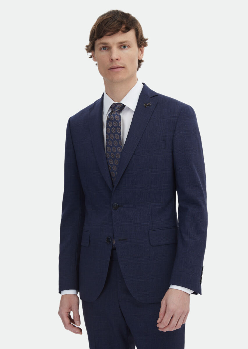 Navy Blue Checkered Zeroweight Slim Fit Wool Blended Suit - 1