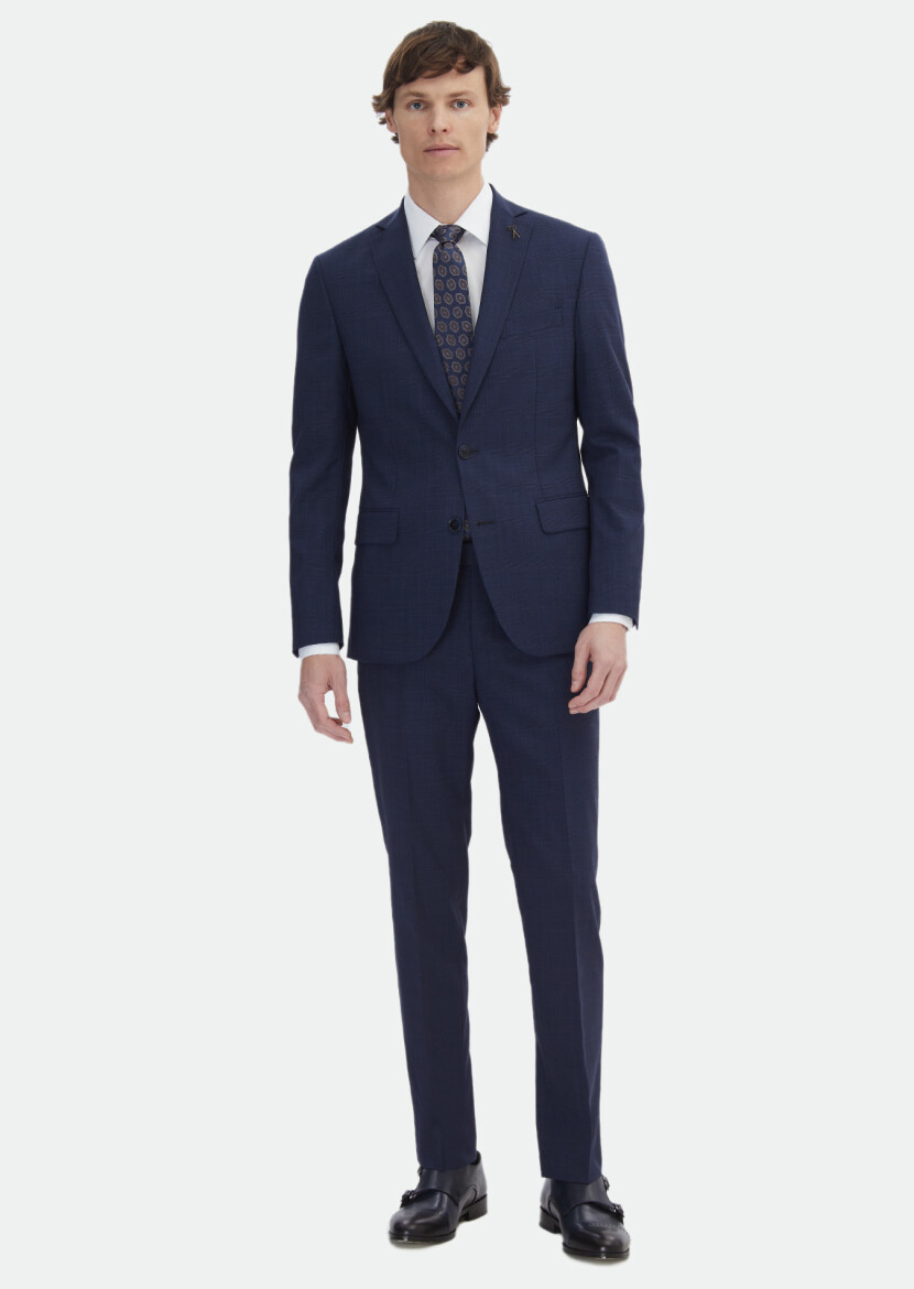 Navy Blue Checkered Zeroweight Slim Fit Wool Blended Suit 