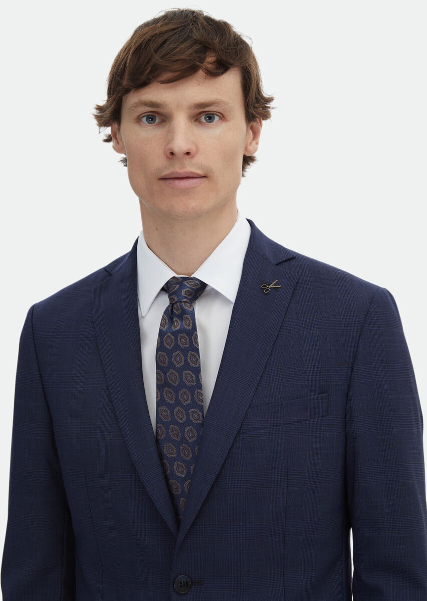 Navy Blue Checkered Zeroweight Slim Fit Wool Blended Suit - 3