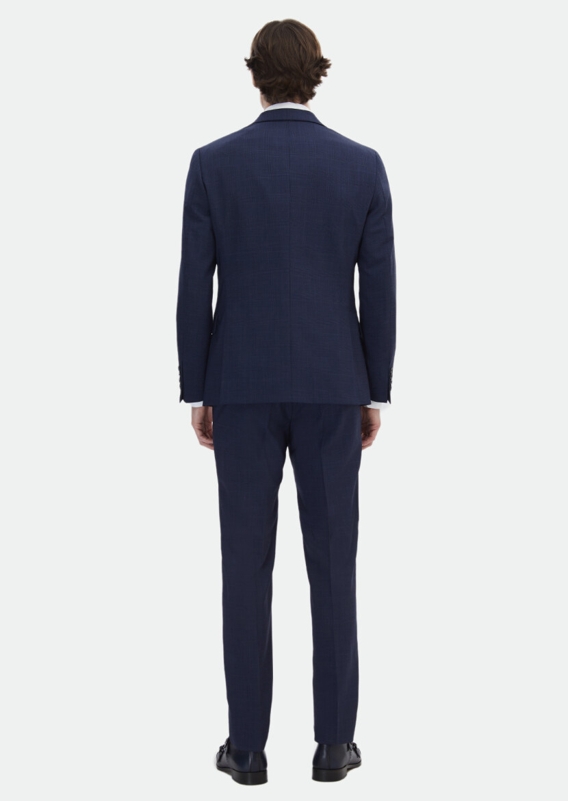 Navy Blue Checkered Zeroweight Slim Fit Wool Blended Suit - 7