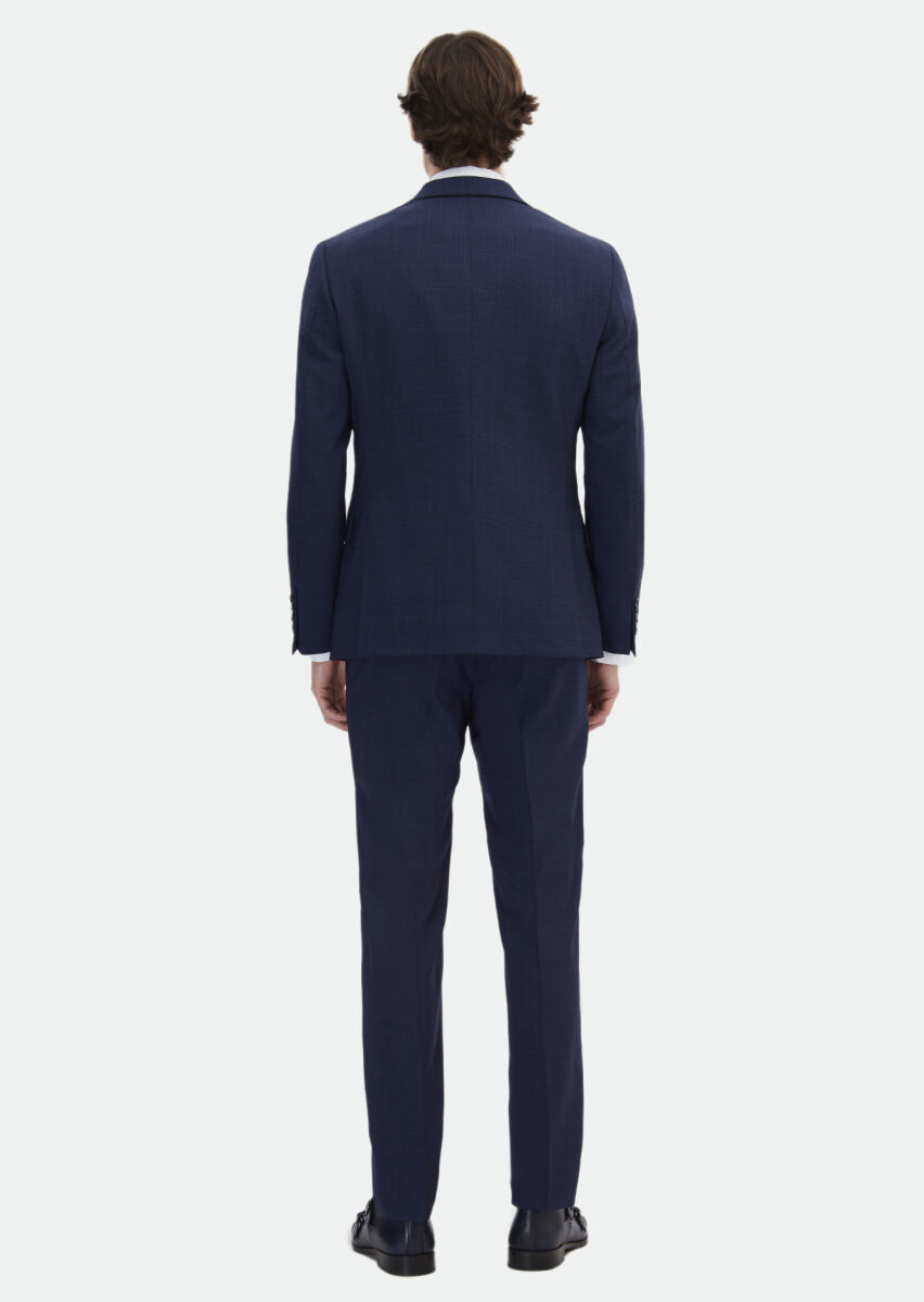 Navy Blue Checkered Zeroweight Slim Fit Wool Blended Suit - 7