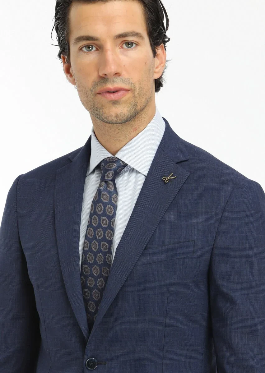 Navy Blue Checkered Zeroweight Slim Fit Wool Blended Suit - 4