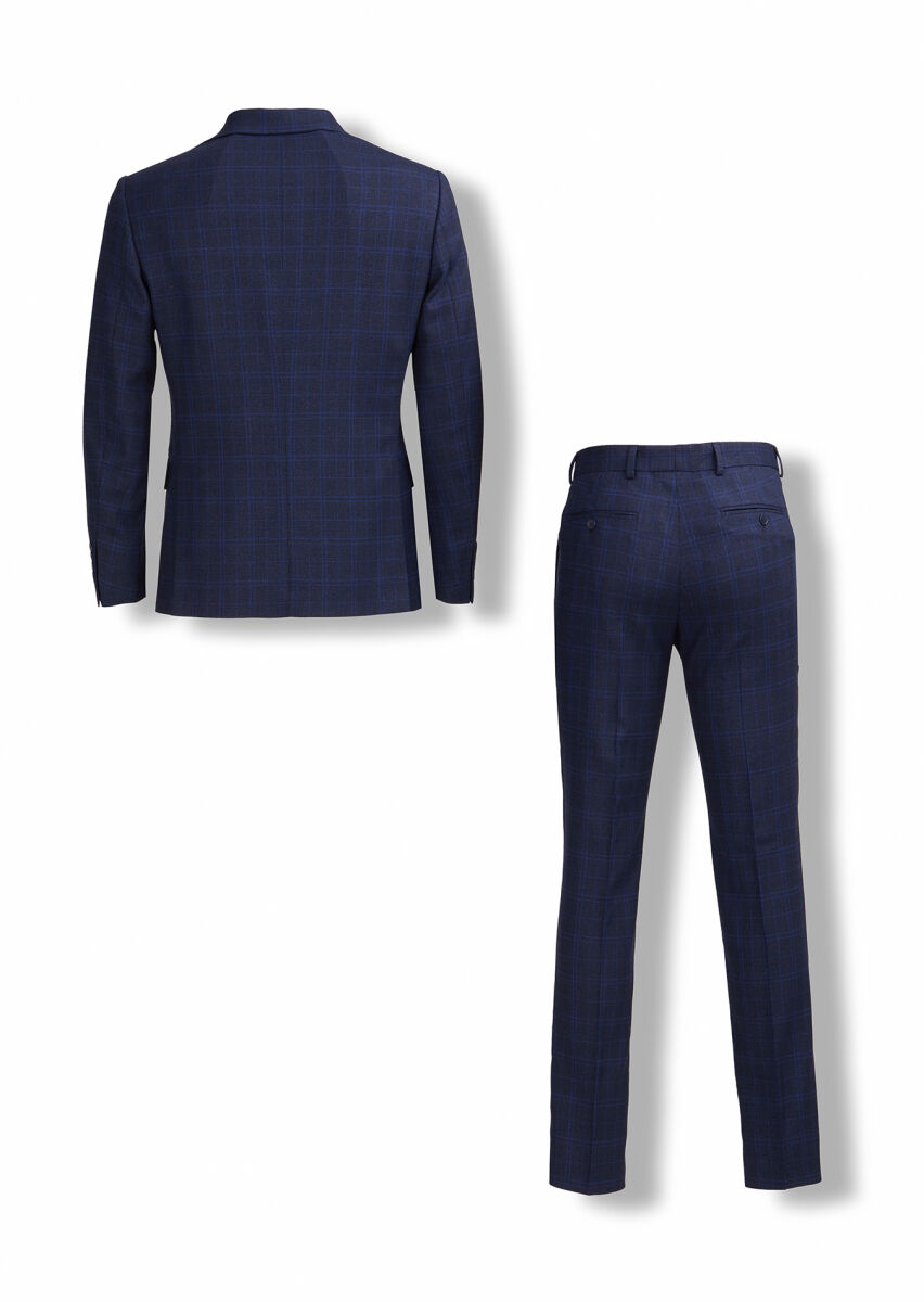 Navy Blue Checkered Zeroweight Slim Fit Wool Blended Suit - 4