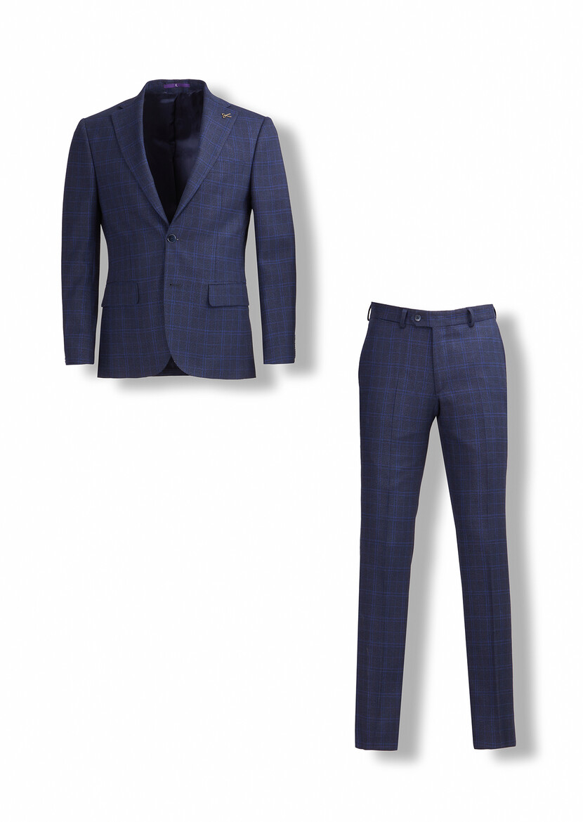 Navy Blue Checkered Zeroweight Slim Fit Wool Blended Suit - 1