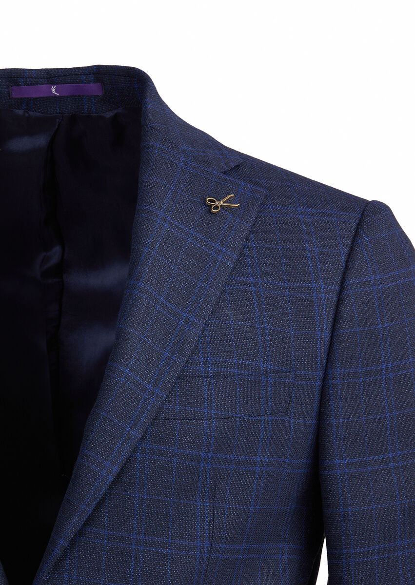 Navy Blue Checkered Zeroweight Slim Fit Wool Blended Suit - 2