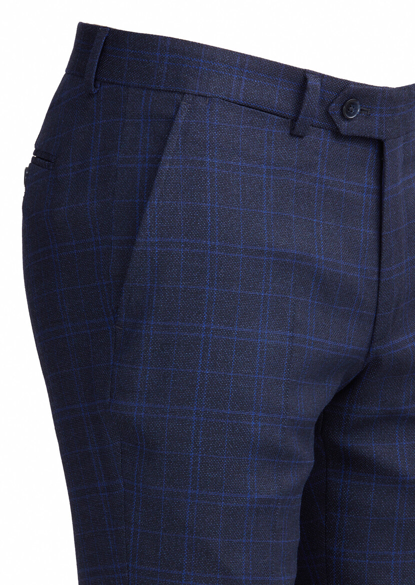 Navy Blue Checkered Zeroweight Slim Fit Wool Blended Suit - 5