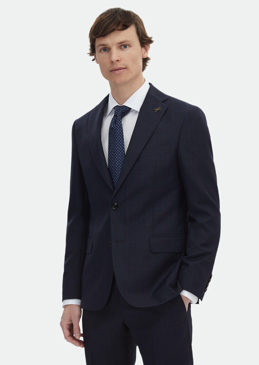 Navy Blue Checkered Zeroweight Slim Fit Wool Blended Suit - 1