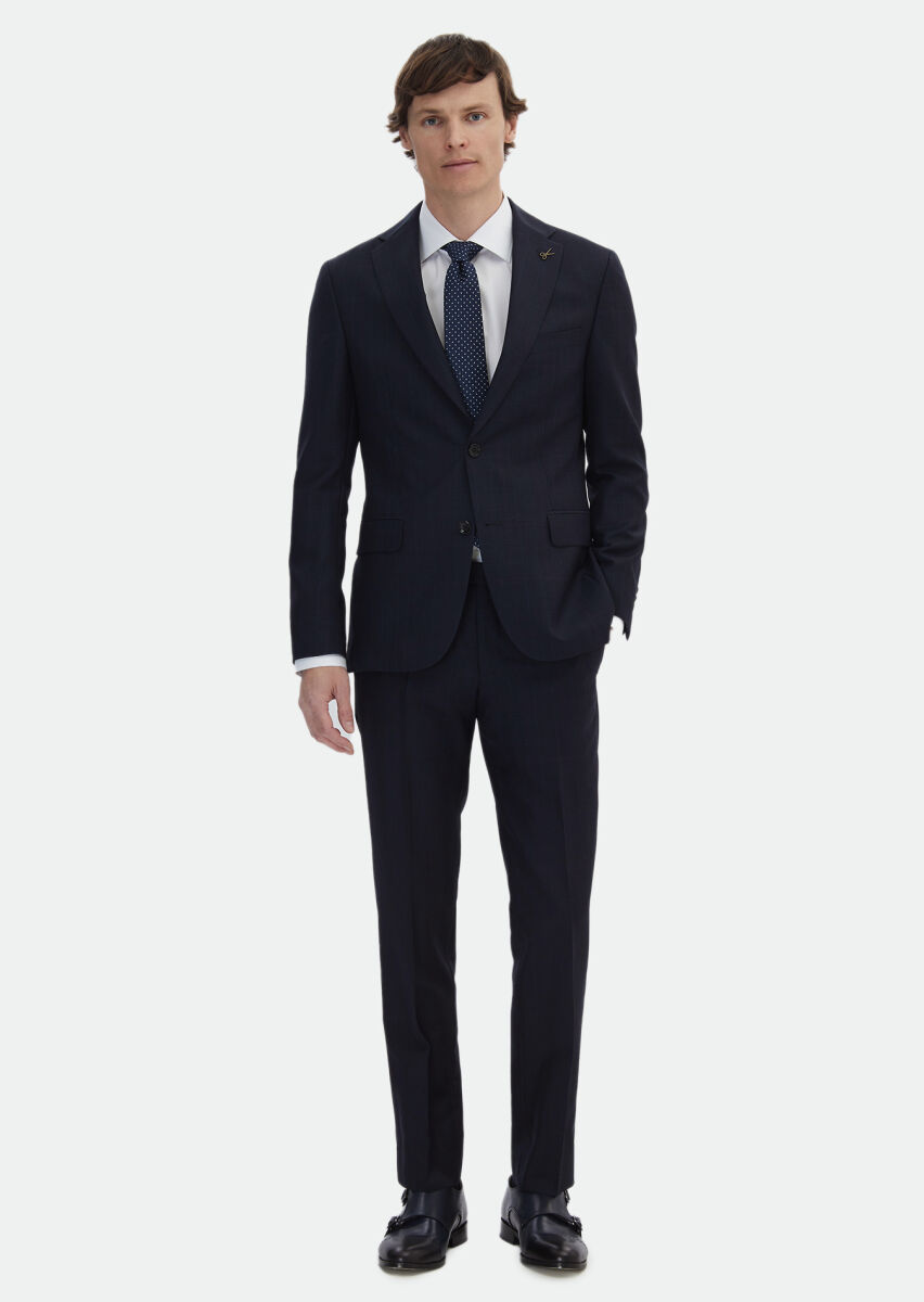 Navy Blue Checkered Zeroweight Slim Fit Wool Blended Suit - 2