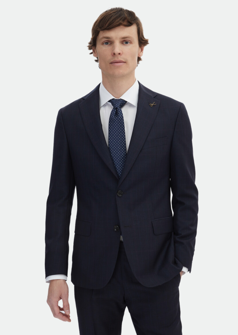 Navy Blue Checkered Zeroweight Slim Fit Wool Blended Suit - 3