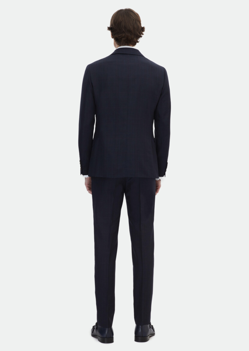 Navy Blue Checkered Zeroweight Slim Fit Wool Blended Suit - 6