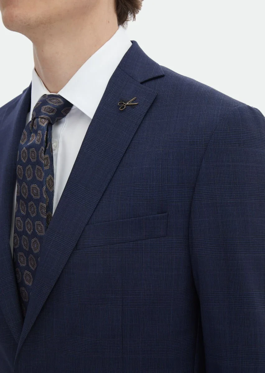 Navy Blue Checkered Zeroweight Slim Fit Wool Blended Suit - 4