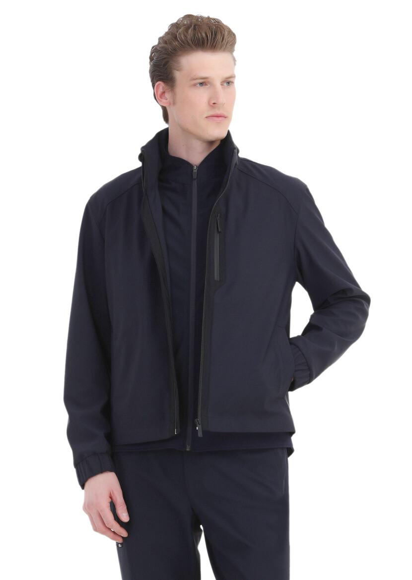 Navy Blue Comfort Fit Hooded Sport Weaving Coat - 1