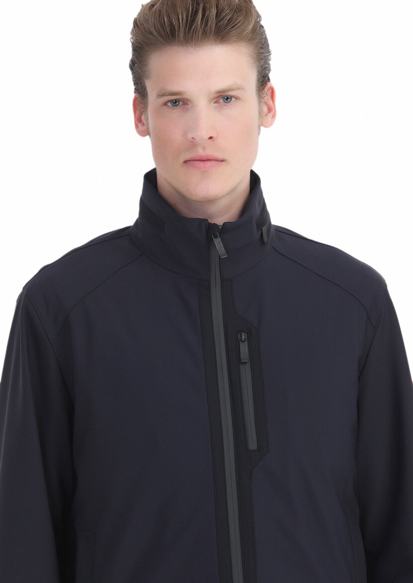 Navy Blue Comfort Fit Hooded Sport Weaving Coat - 4