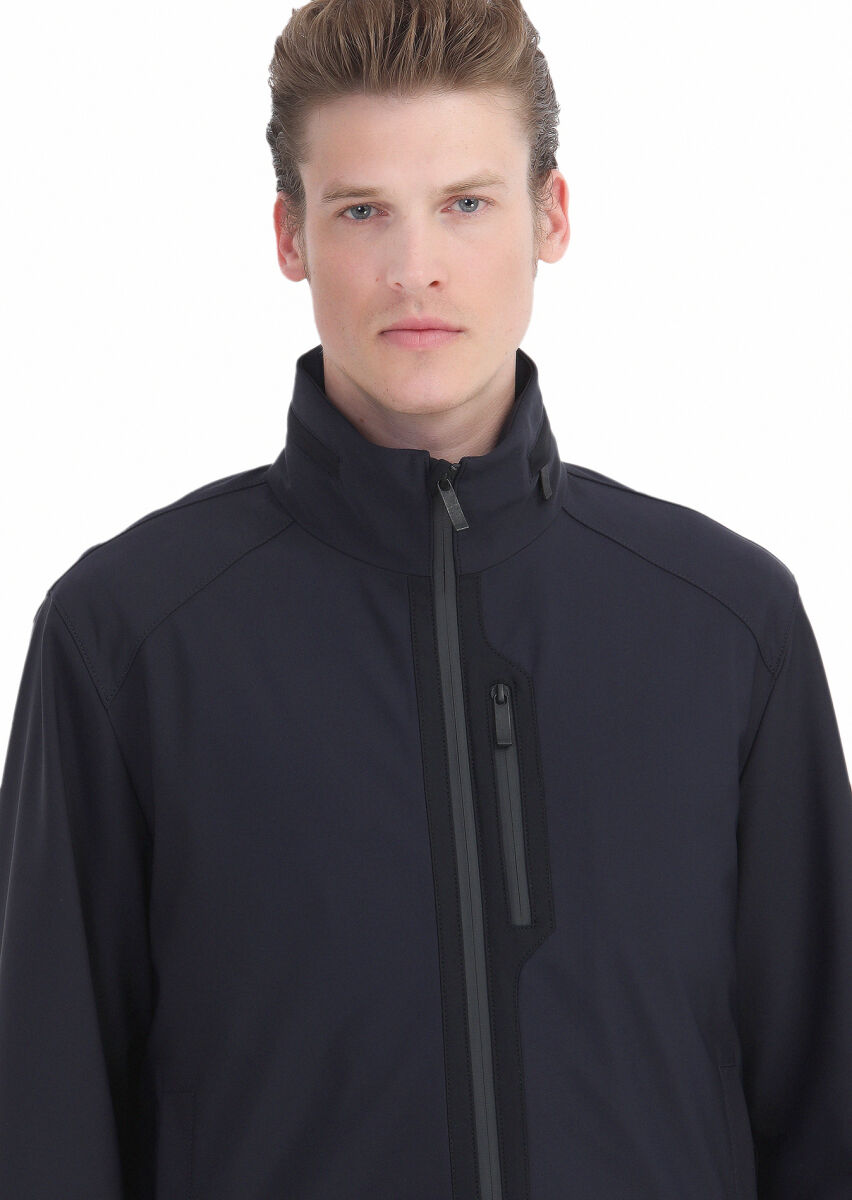 Navy Blue Comfort Fit Hooded Sport Weaving Coat - 4