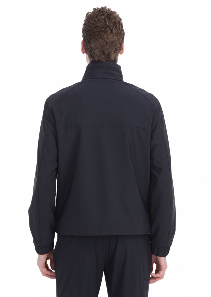 Navy Blue Comfort Fit Hooded Sport Weaving Coat - 7