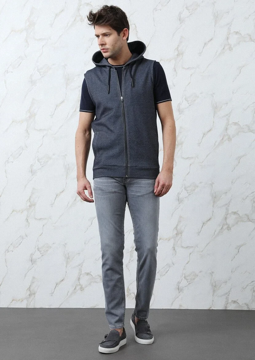 Navy Blue Cotton Blended Knitting Puffer Vest - 1