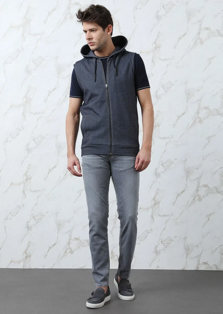 Navy Blue Cotton Blended Knitting Puffer Vest - 1