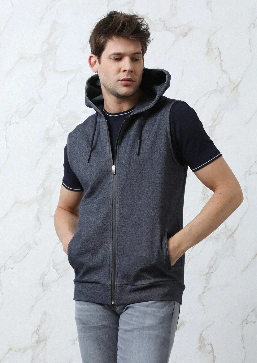 Navy Blue Cotton Blended Knitting Puffer Vest - 2