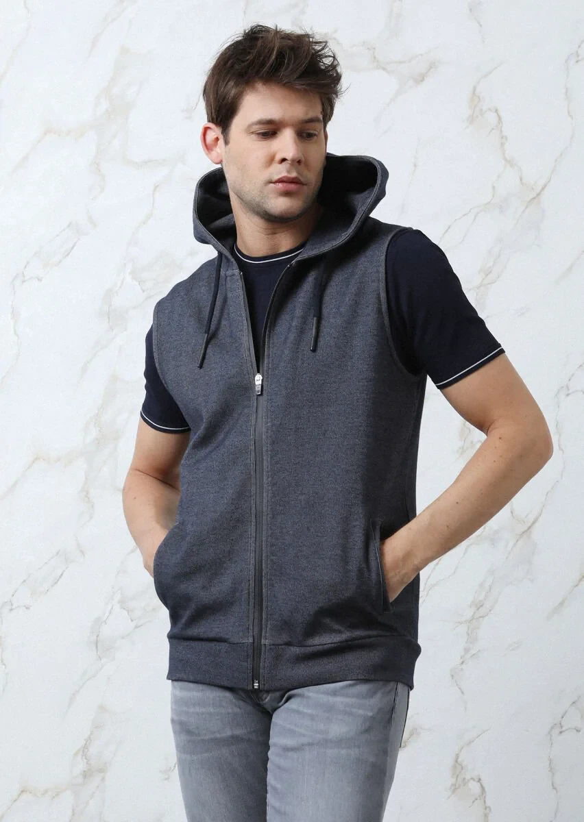 Navy Blue Cotton Blended Knitting Puffer Vest - 2