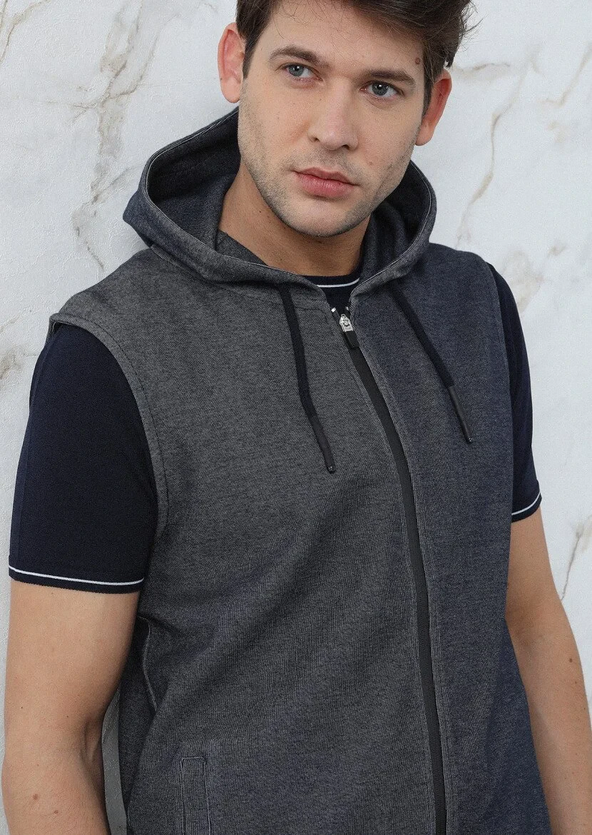 Navy Blue Cotton Blended Knitting Puffer Vest - 4