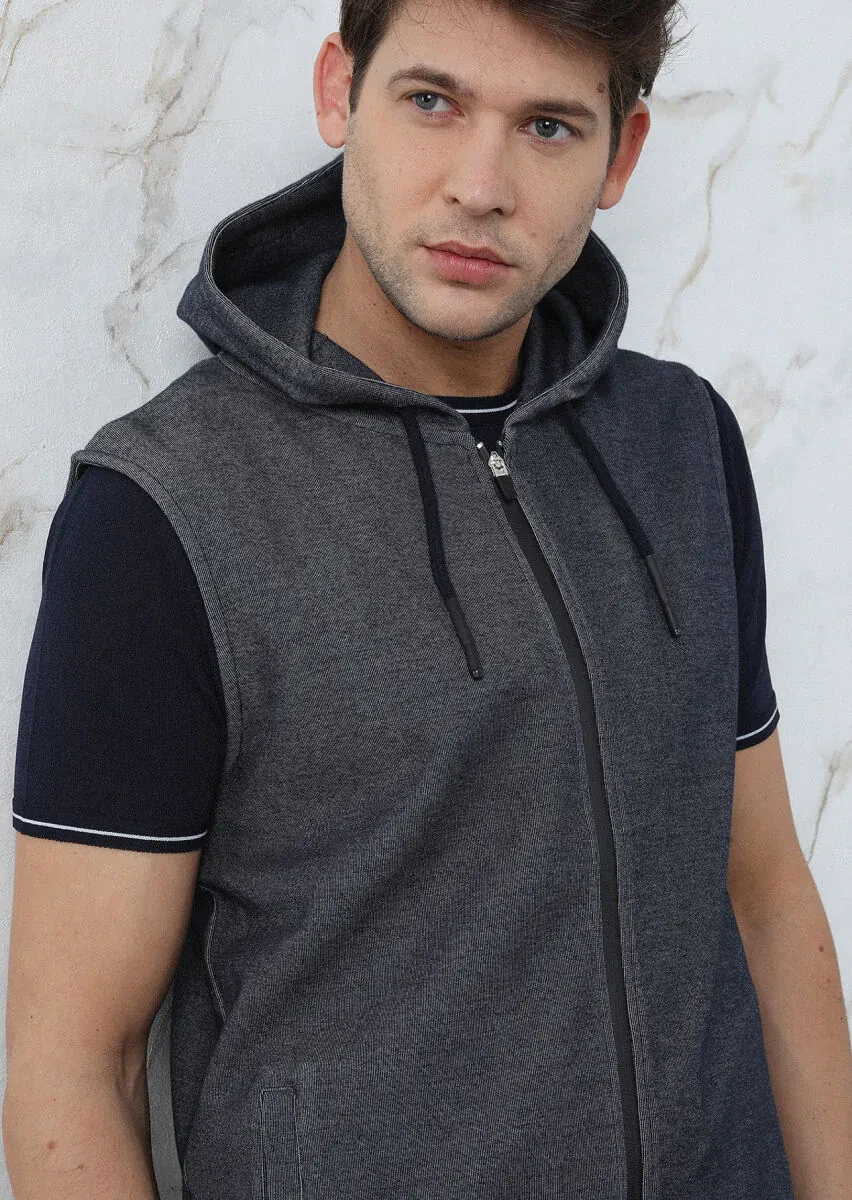 Navy Blue Cotton Blended Knitting Puffer Vest - 4
