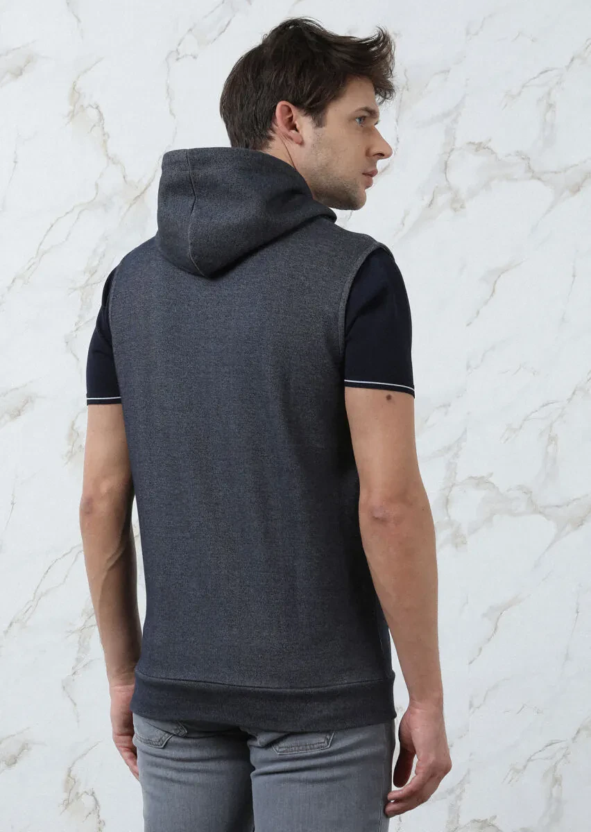 Navy Blue Cotton Blended Knitting Puffer Vest - 5