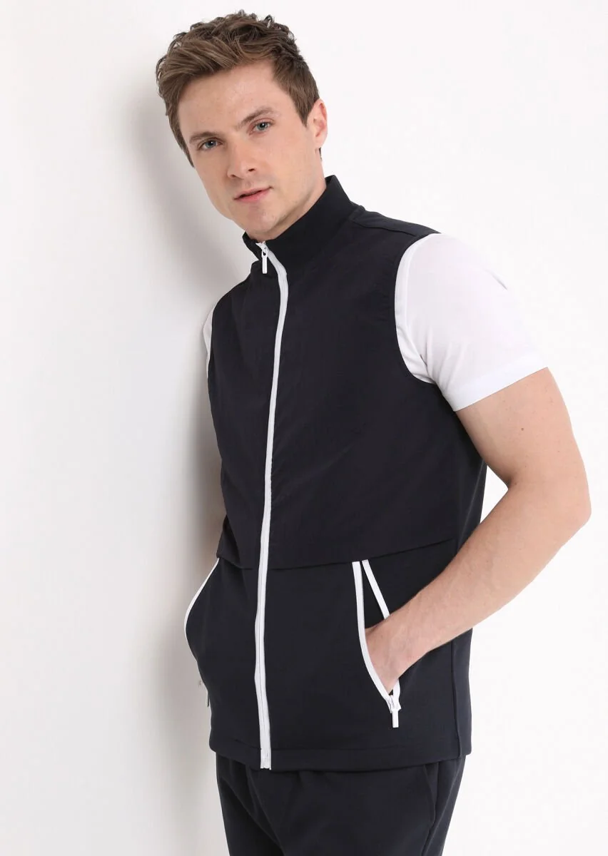 Navy Blue Cotton Blended Knitting Puffer Vest - 1