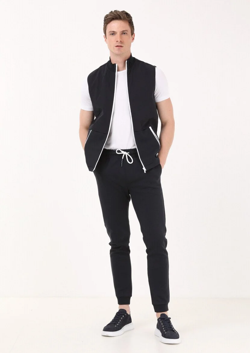 Navy Blue Cotton Blended Knitting Puffer Vest 
