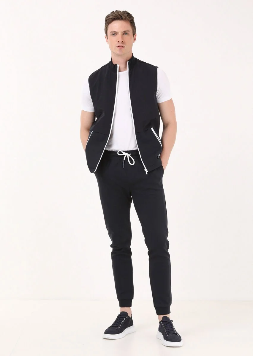 Navy Blue Cotton Blended Knitting Puffer Vest - 2