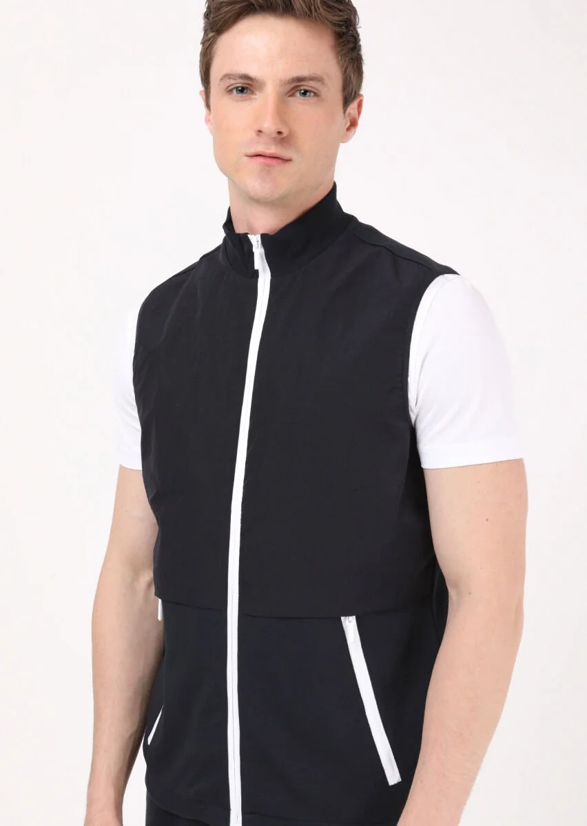 Navy Blue Cotton Blended Knitting Puffer Vest - 4