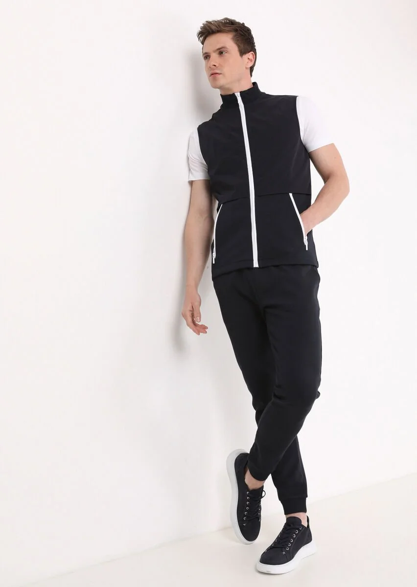Navy Blue Cotton Blended Knitting Puffer Vest - 5