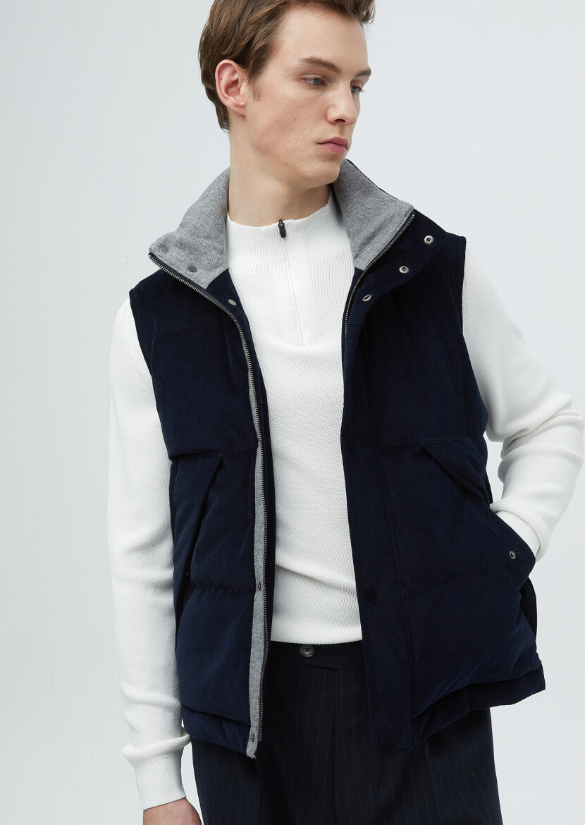 Navy Blue Cotton Blended Weaving Puffer Vest - 1