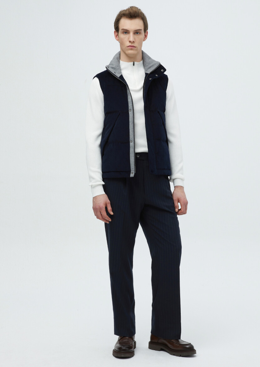 Navy Blue Cotton Blended Weaving Puffer Vest - 2