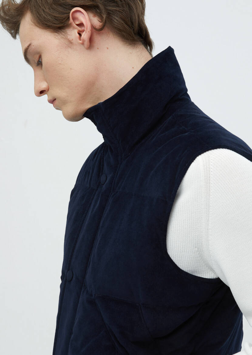 Navy Blue Cotton Blended Weaving Puffer Vest - 5