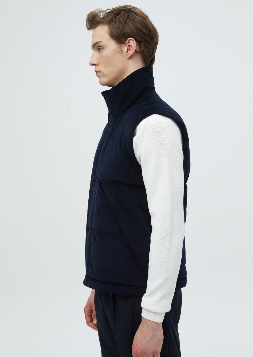 Navy Blue Cotton Blended Weaving Puffer Vest - 3