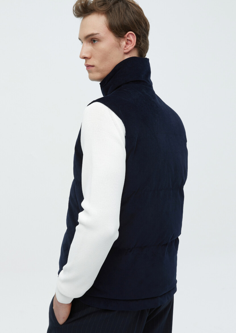 Navy Blue Cotton Blended Weaving Puffer Vest - 7