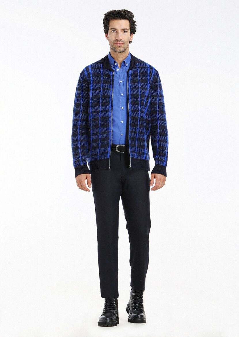 Navy Blue Crew Neck Jacquard Wool Blended Cardigan - 1