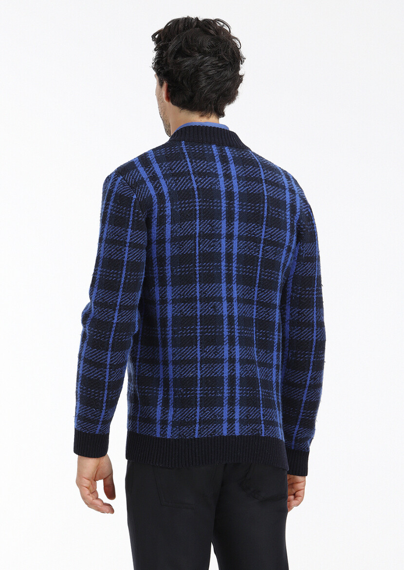 Navy Blue Crew Neck Jacquard Wool Blended Cardigan - 4