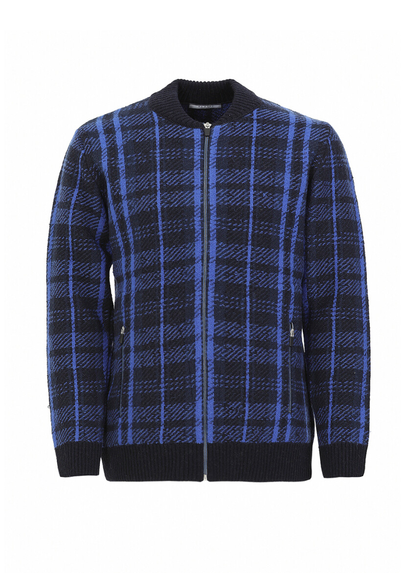 Navy Blue Crew Neck Jacquard Wool Blended Cardigan - 5