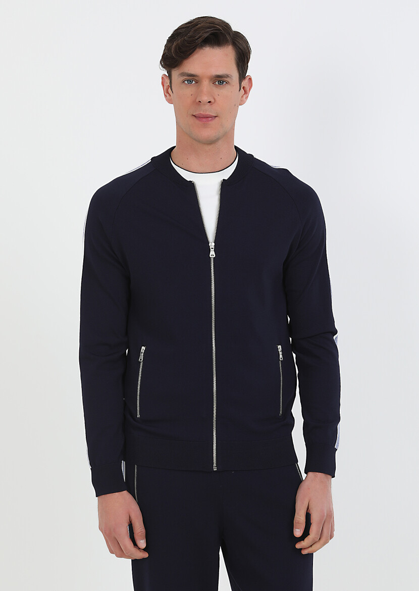 Navy Blue Crew Neck Plain Knitting Cardigan - 1